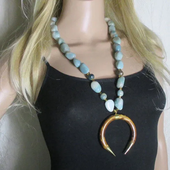 Bold Statement Amzonite Nuggets & Bone Crescent Pendant Necklace