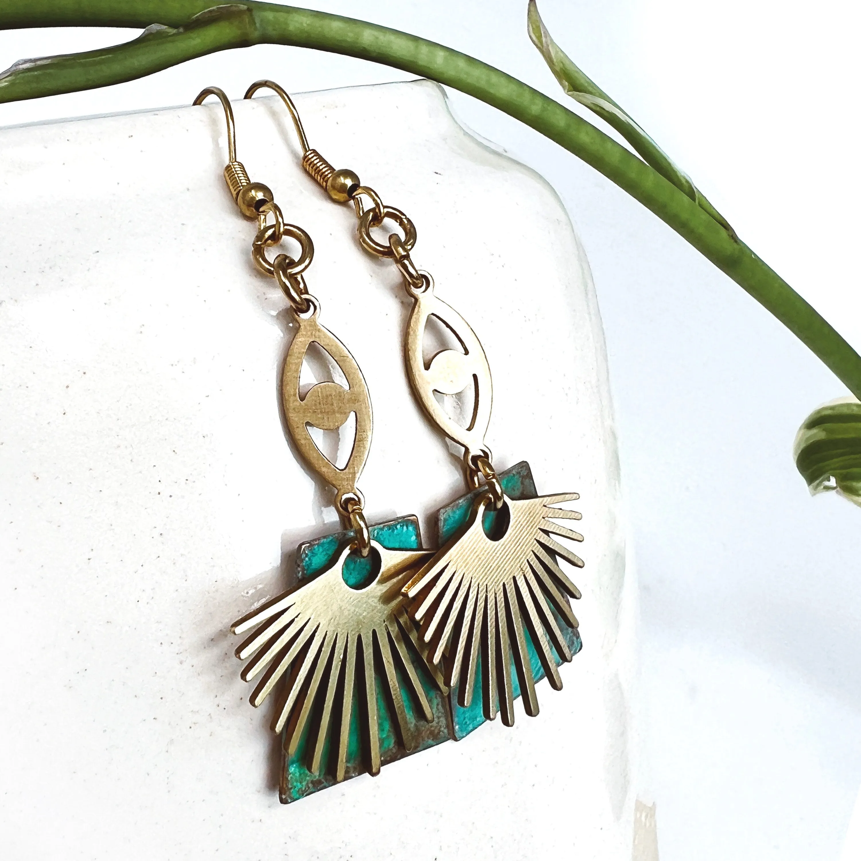 Brass Dangle Earring with Evil Eye and Sunburst On Brushed Brass or Blue Green Patina