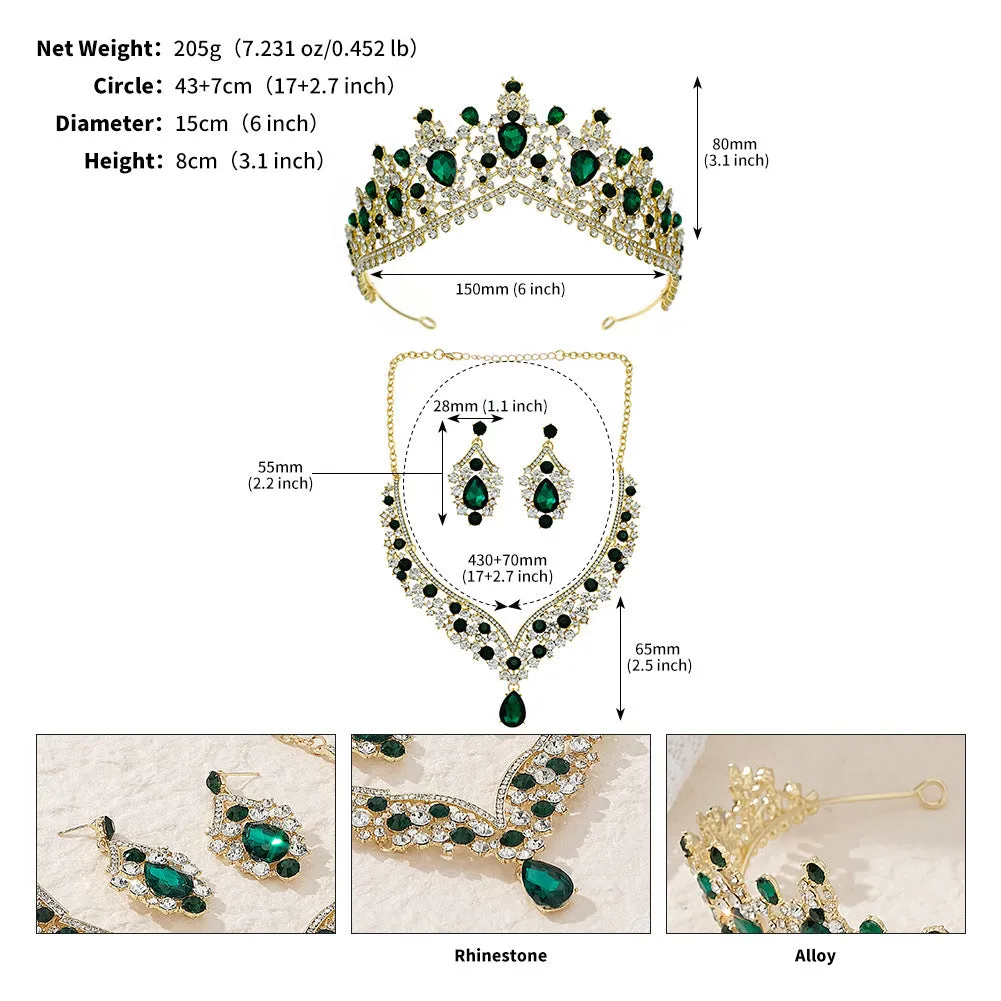 Bride crown earrings necklace three-piece wedding dress accessories noble luxury rhinestone crown set