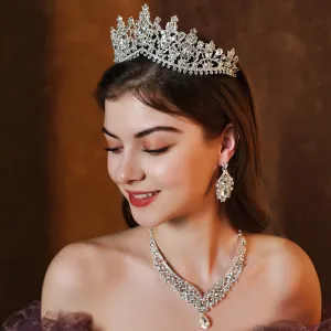 Bride crown earrings necklace three-piece wedding dress accessories noble luxury rhinestone crown set