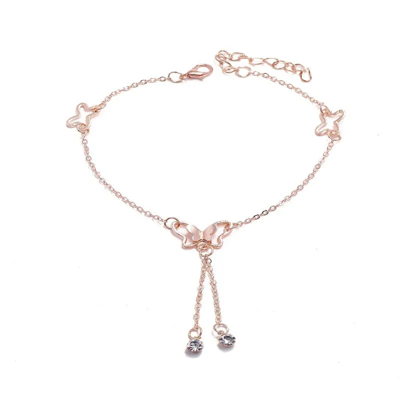 Butterfly Pendant with Diamond Tassel Rose Gold Anklet