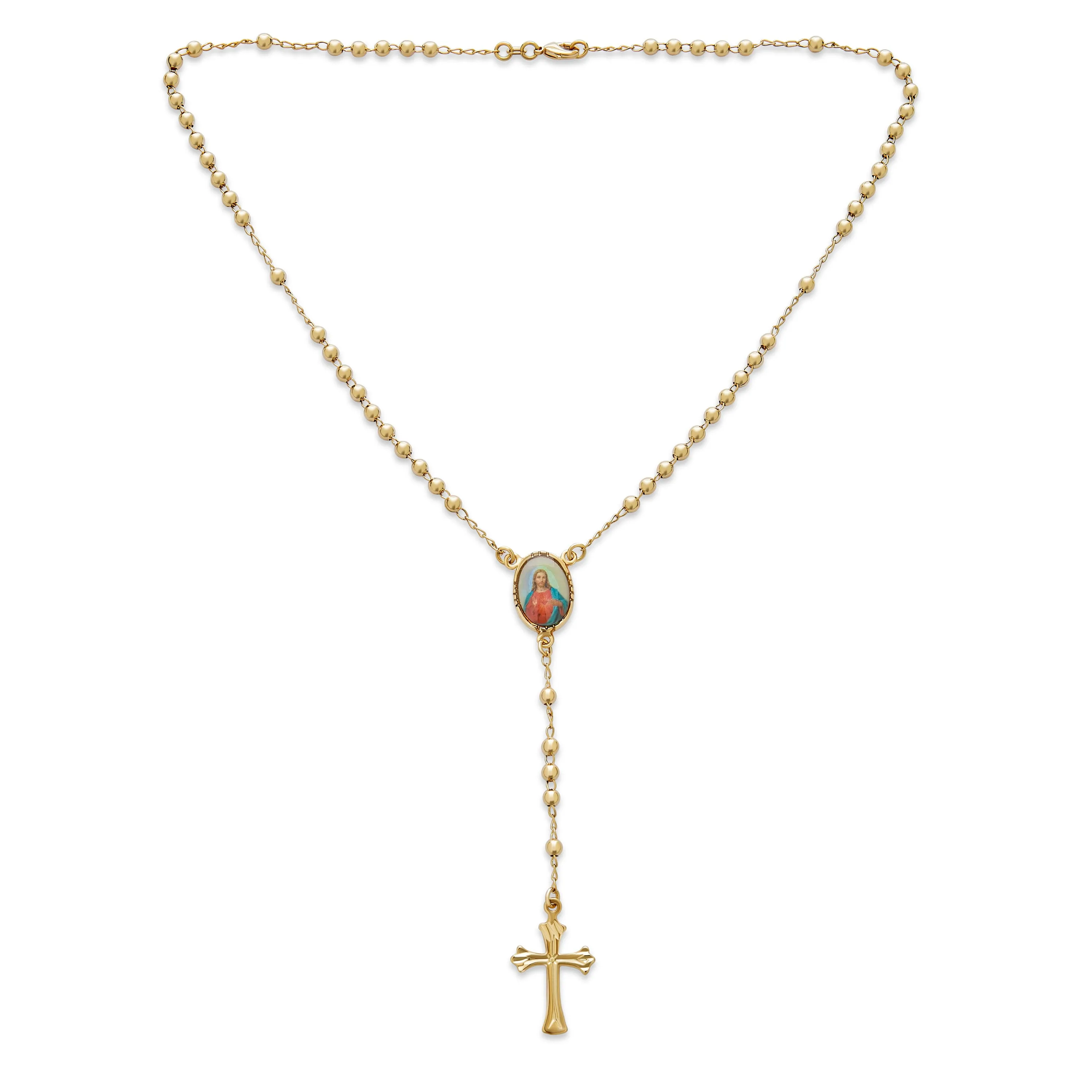 Catholic Rosary Necklace 18K Gold Plated with Sacred Heart of Jesus Cross Beads