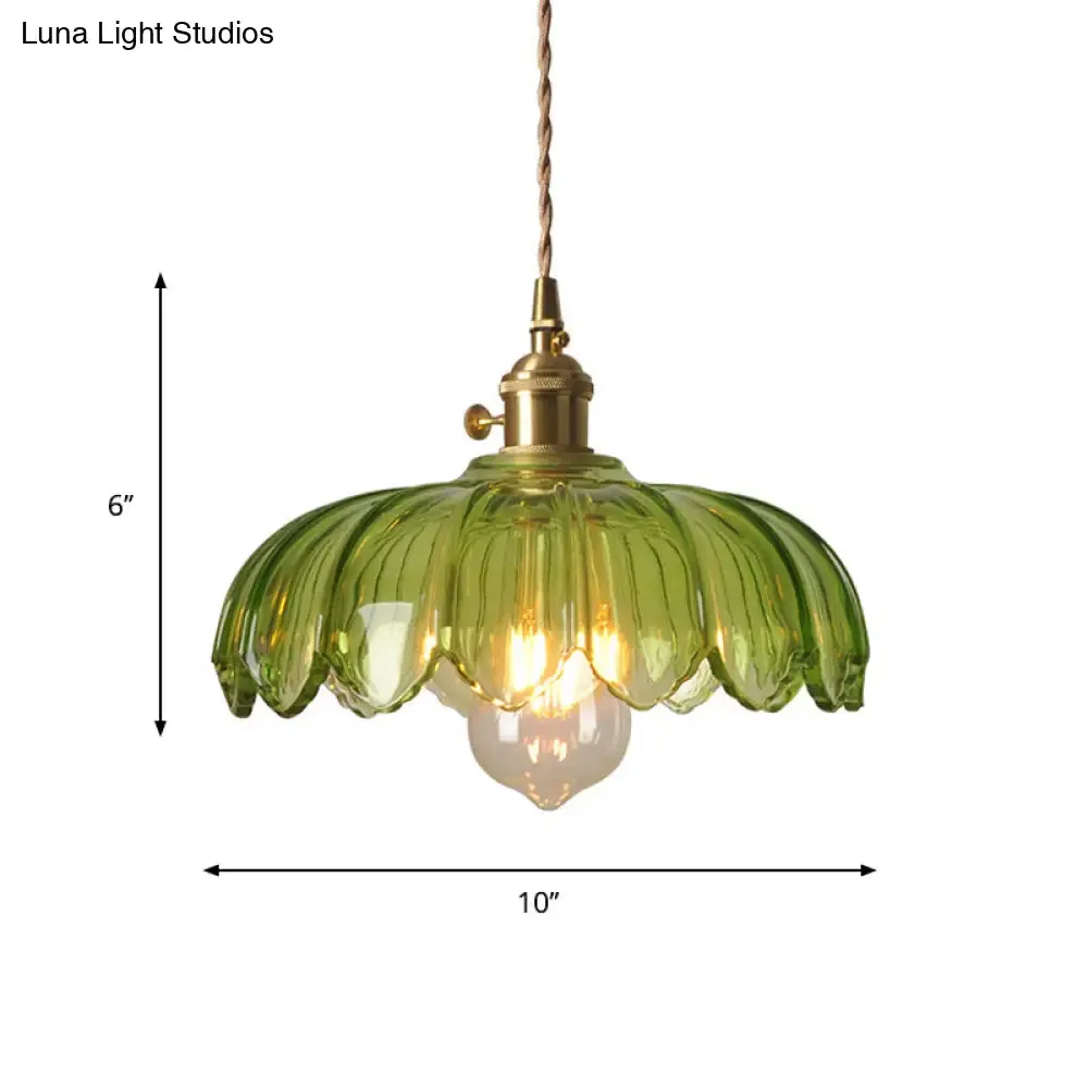 Chiara - Vintage Brass Pendant Light with Green Glass Scalloped Shade