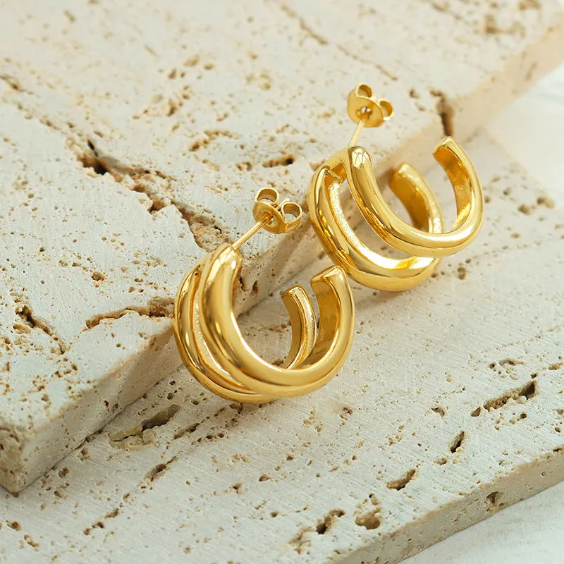 Chic Double Button C-Shaped Earrings in Titanium Steel with 18K Gold Plating