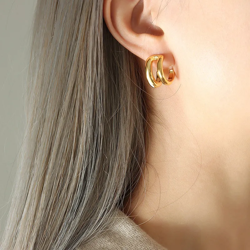 Chic Double Button C-Shaped Earrings in Titanium Steel with 18K Gold Plating