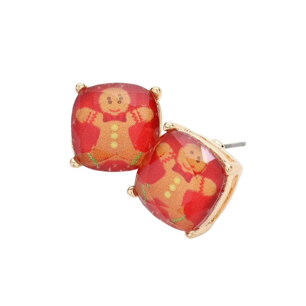 Christmas Gingerbread Man Cushion Square Stud Earrings