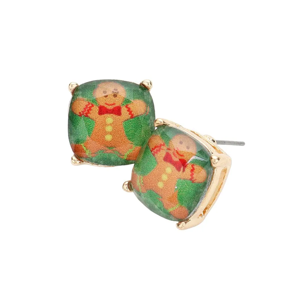 Christmas Gingerbread Man Cushion Square Stud Earrings