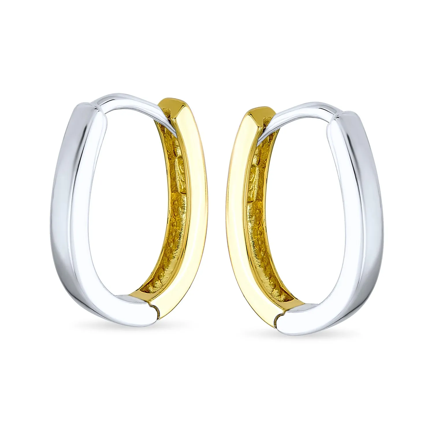 Classic Two Tone Geometric Hoop Huggie Earrings in 14K Gold & Sterling Silver