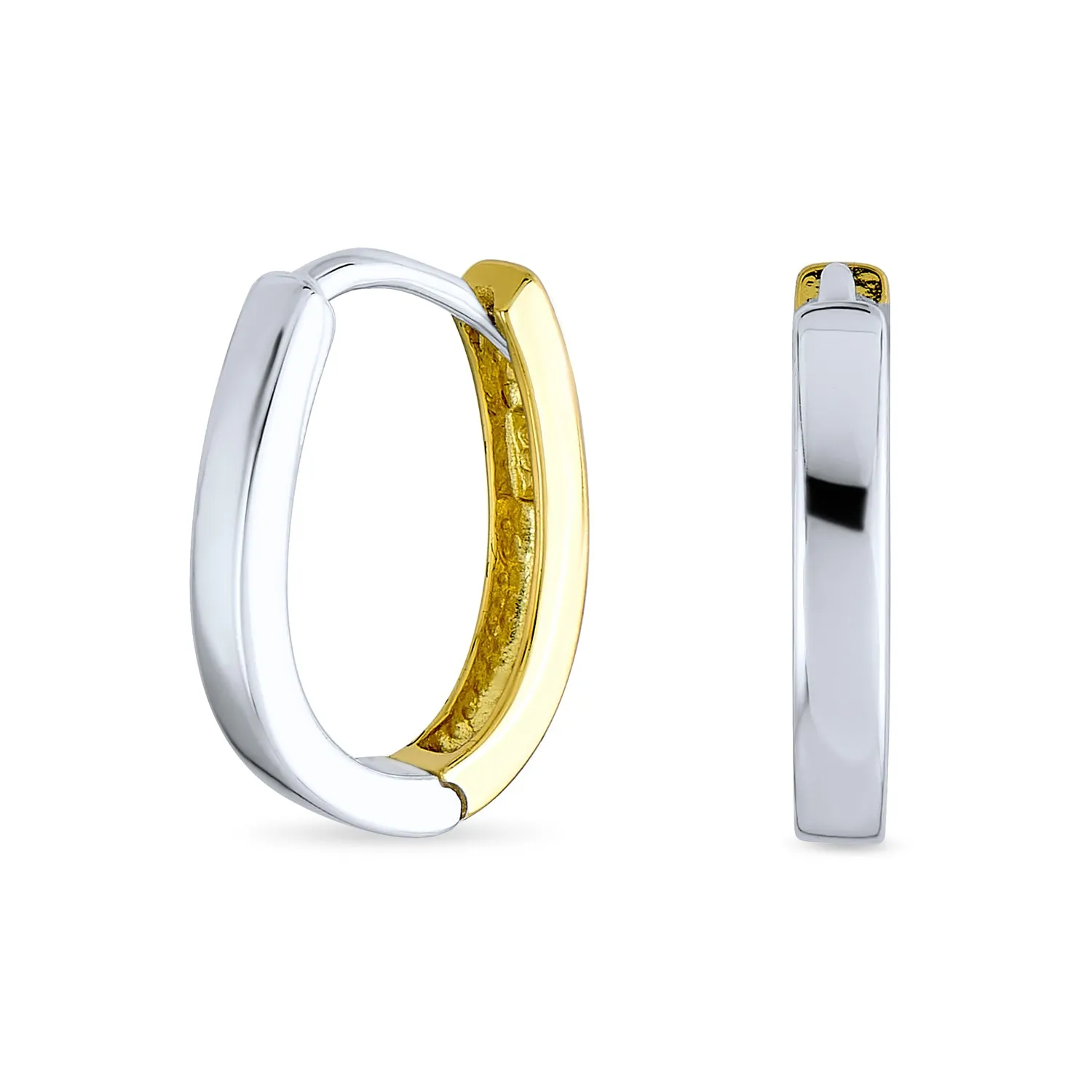 Classic Two Tone Geometric Hoop Huggie Earrings in 14K Gold & Sterling Silver