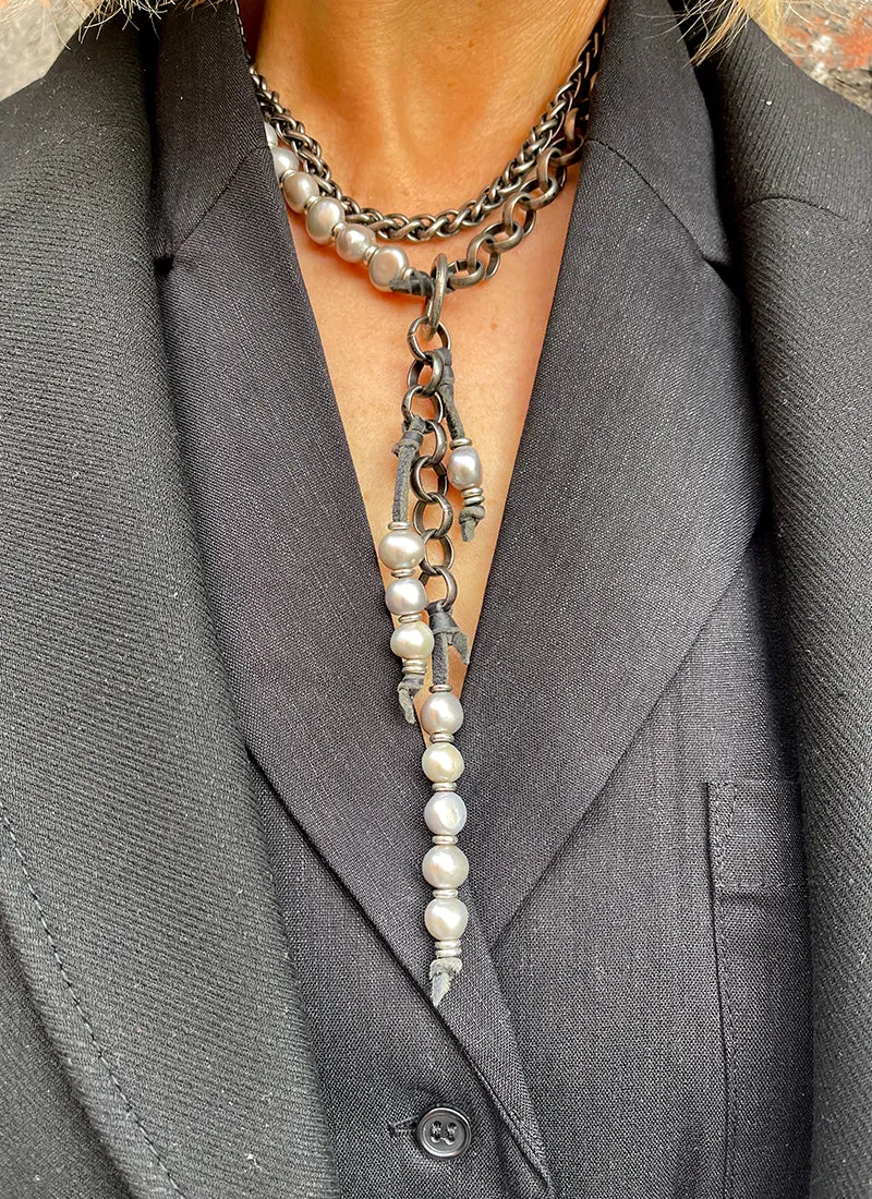 COCO Baroque Pearls Mixed Metals Opera-length Necklace or Double-wrap Choker with Embellished Tassel