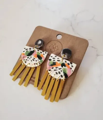 Color Block and Dash Brass Tassel Earrings