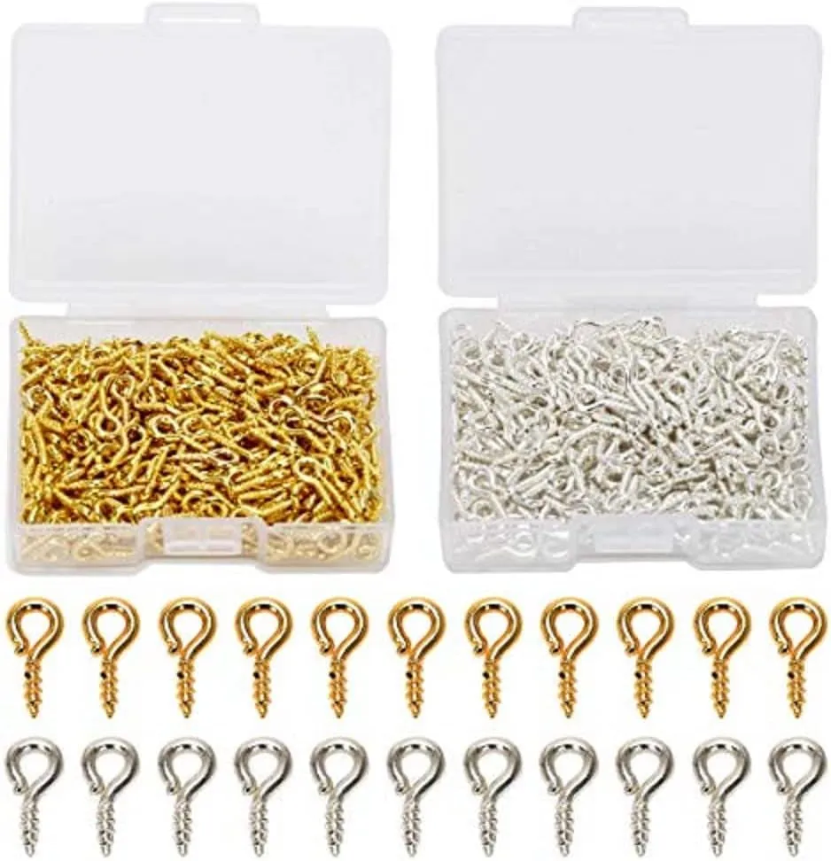 Coolrunner 300Cs Small Screw Eye Pins, 10Mm X 4.5Mm Eye Pins Hooks, Eyelets Screw Threaded Silver Clasps Hooks Eye Screws for Arts DIY Making (Silver) (Gold Sliver)