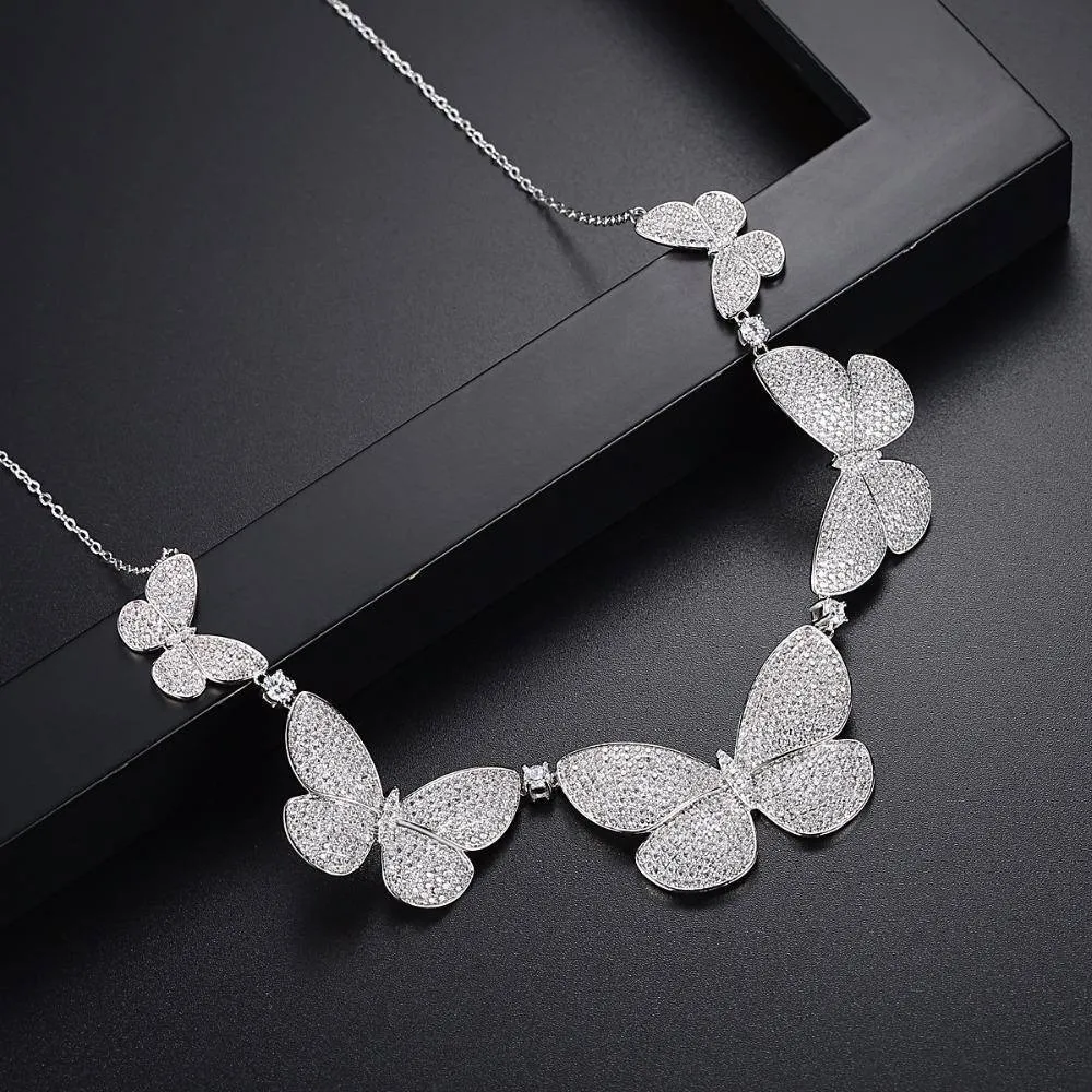 CZ Micro Paved Statement Vintage Butterfly Choker Necklace Silver