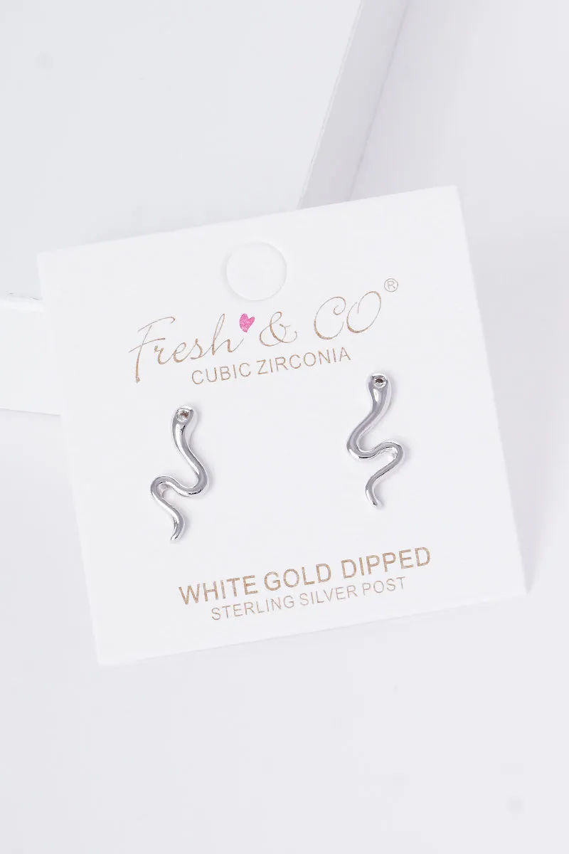 CZ Snake Stud Earrings - White Gold Dipped Sterling Silver