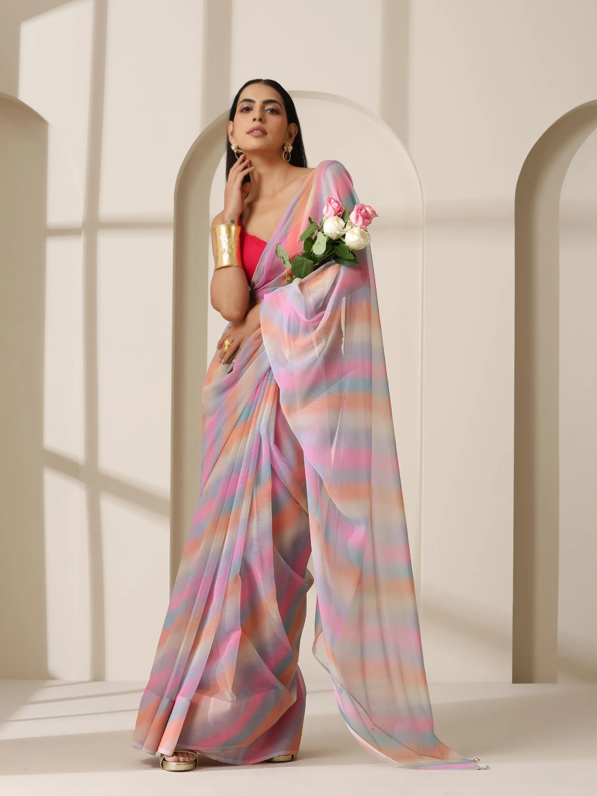 Desert Fairy Printed Chiffon Saree with Fuchsia Blouse Fabric