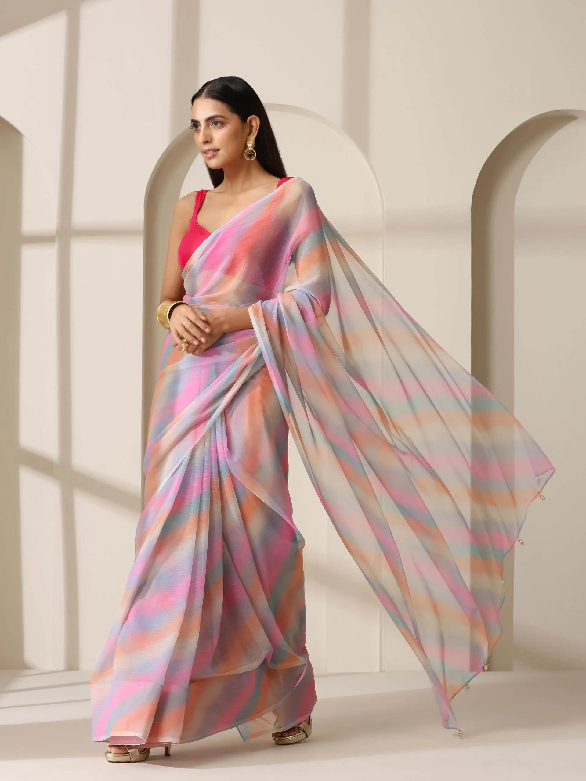 Desert Fairy Printed Chiffon Saree with Fuchsia Blouse Fabric