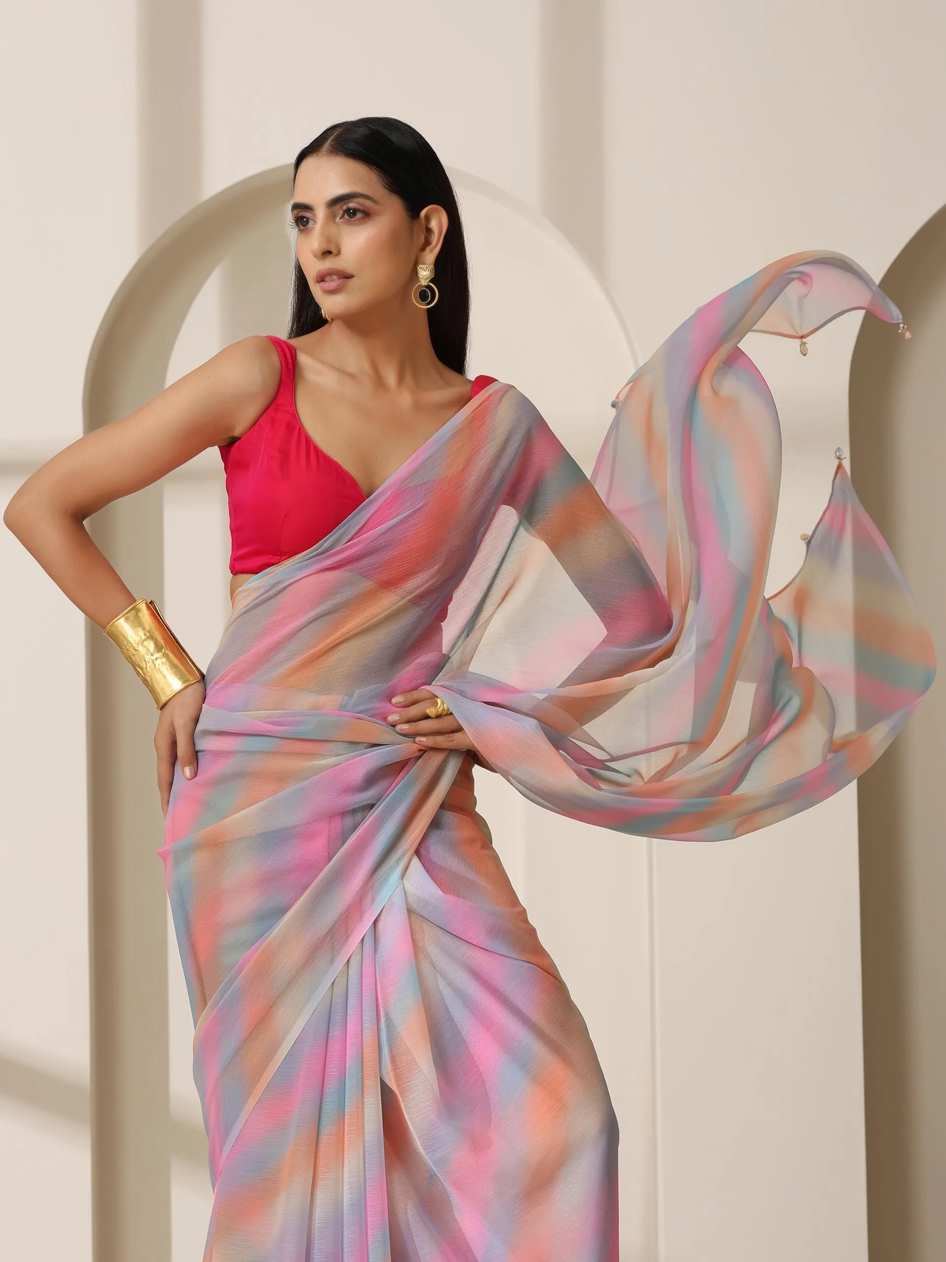 Desert Fairy Printed Chiffon Saree with Fuchsia Blouse Fabric