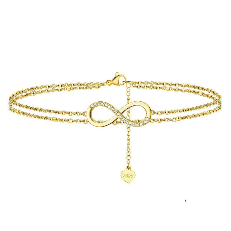 Double Layer 8 Lucky Symbol Anklet Adjustable 14K Gold