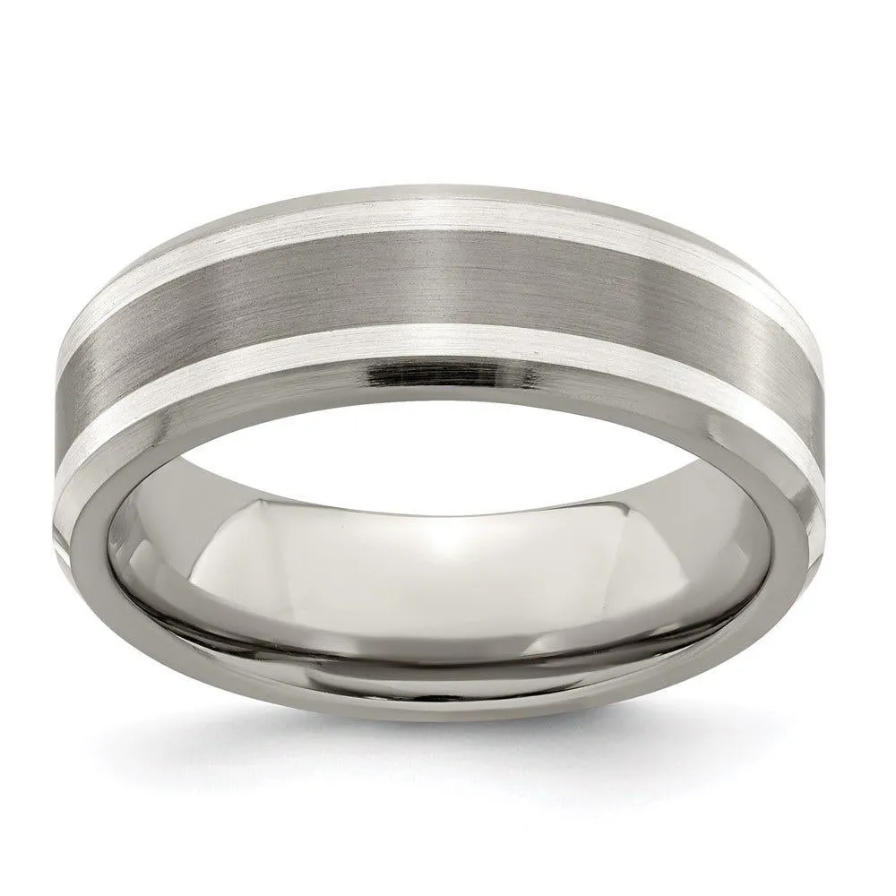 Edward Mirell Titanium Brushed/Polished with Argentium Sterling Silver Inlay Flat Beveled Edge 7mm Band