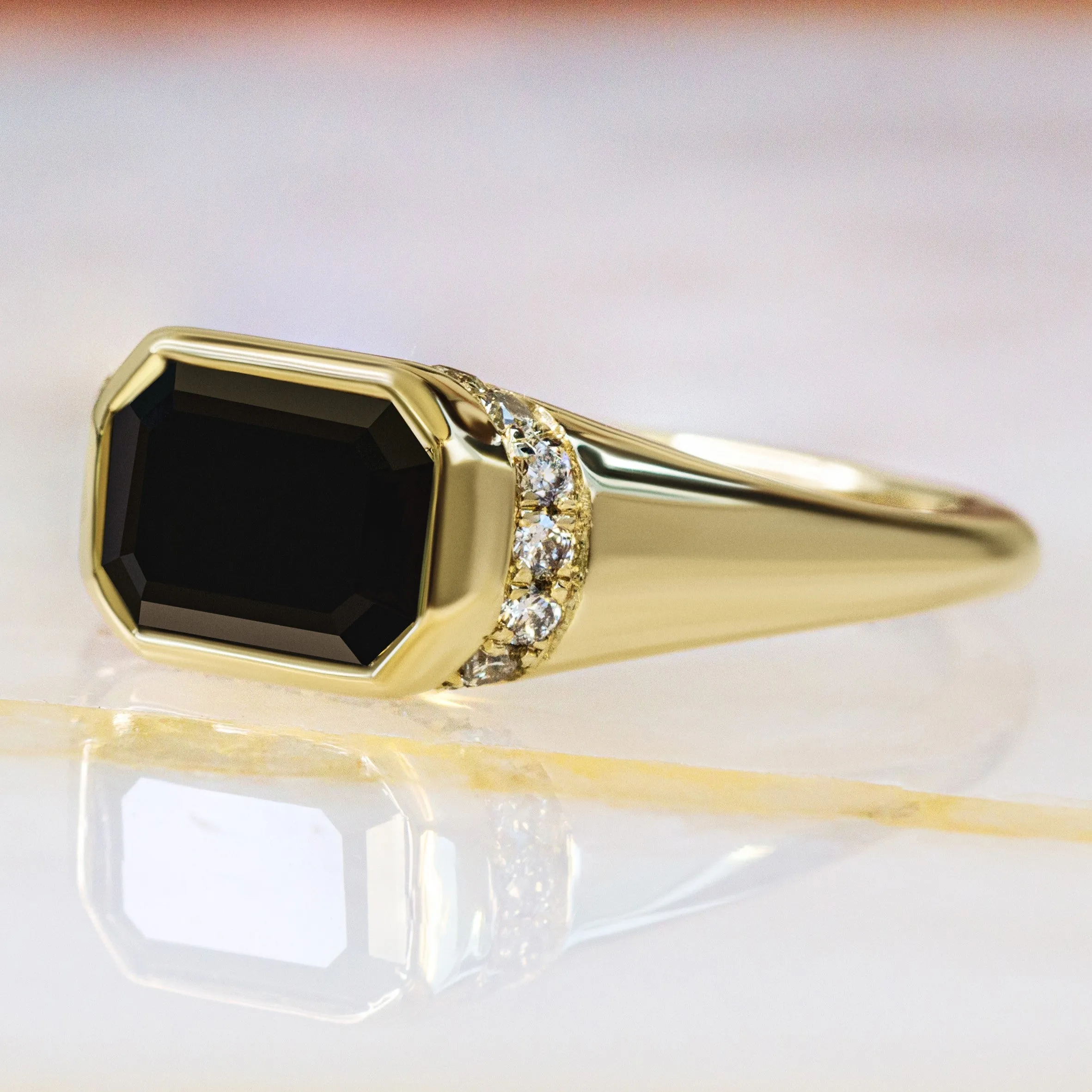 Equinox- Art Deco Natural Black Diamond Emerald Cut Engagement Ring in Yellow Gold