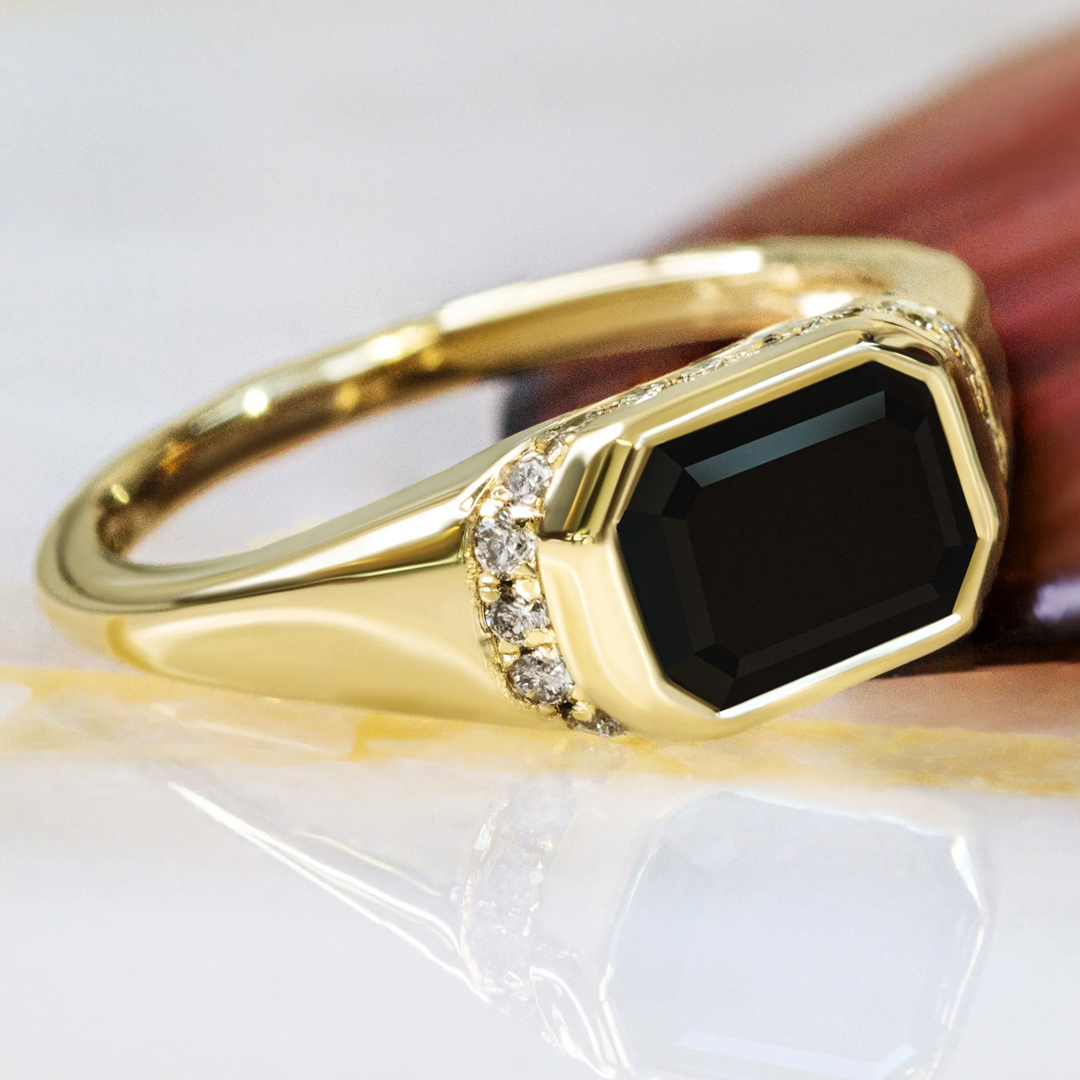 Equinox- Art Deco Natural Black Diamond Emerald Cut Engagement Ring in Yellow Gold