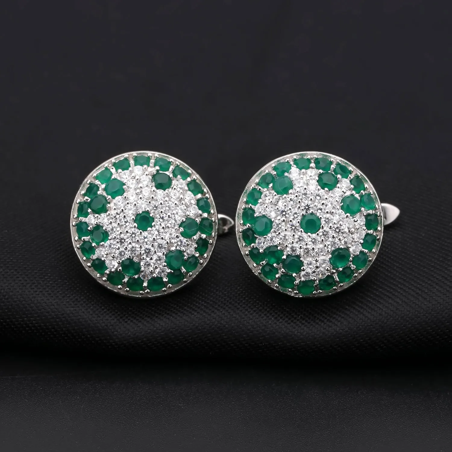 European Vintage Style Group Inlaid Natural Green Agate Circle Sterling Studs Earrings for Women