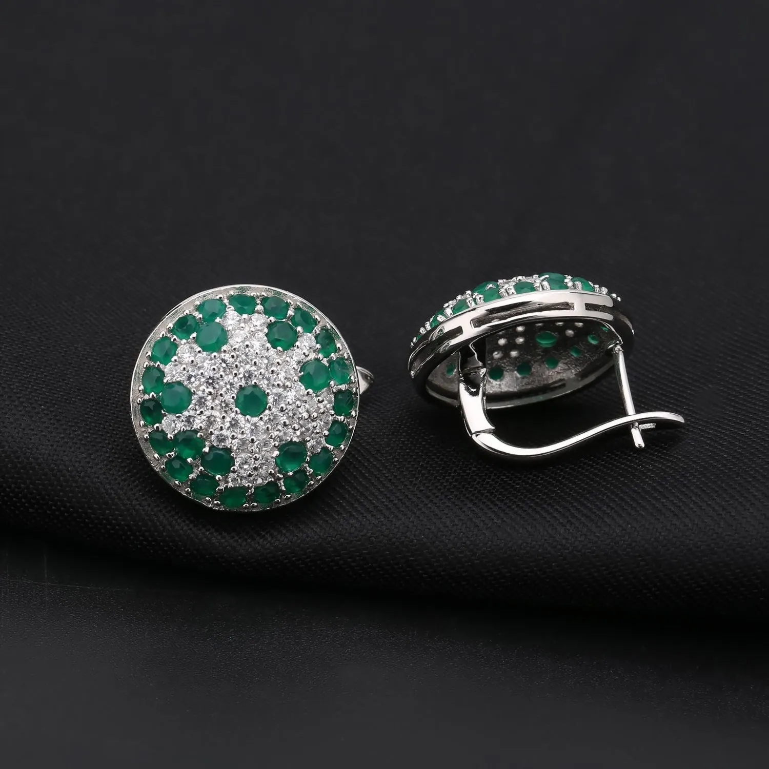 European Vintage Style Group Inlaid Natural Green Agate Circle Sterling Studs Earrings for Women