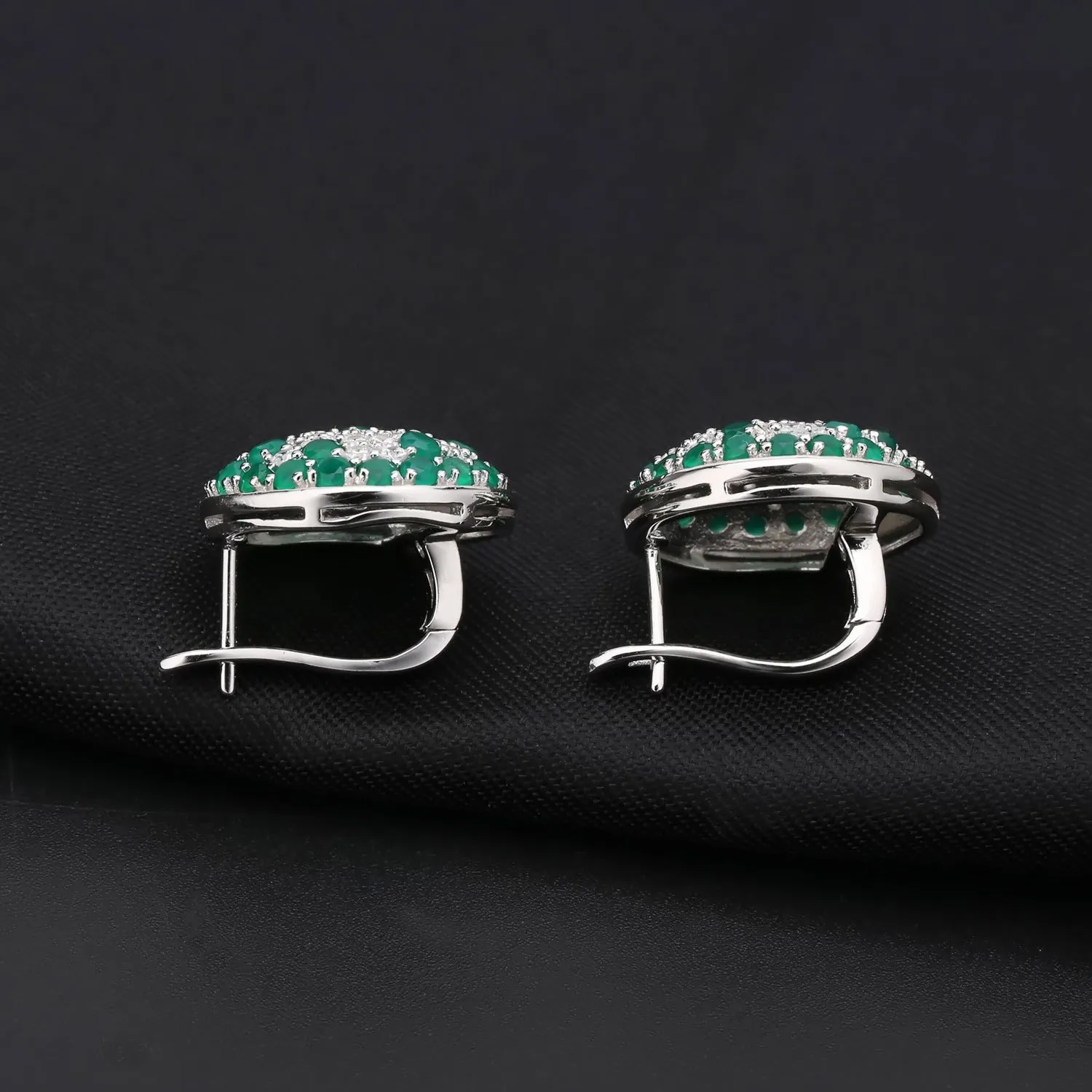 European Vintage Style Group Inlaid Natural Green Agate Circle Sterling Studs Earrings for Women