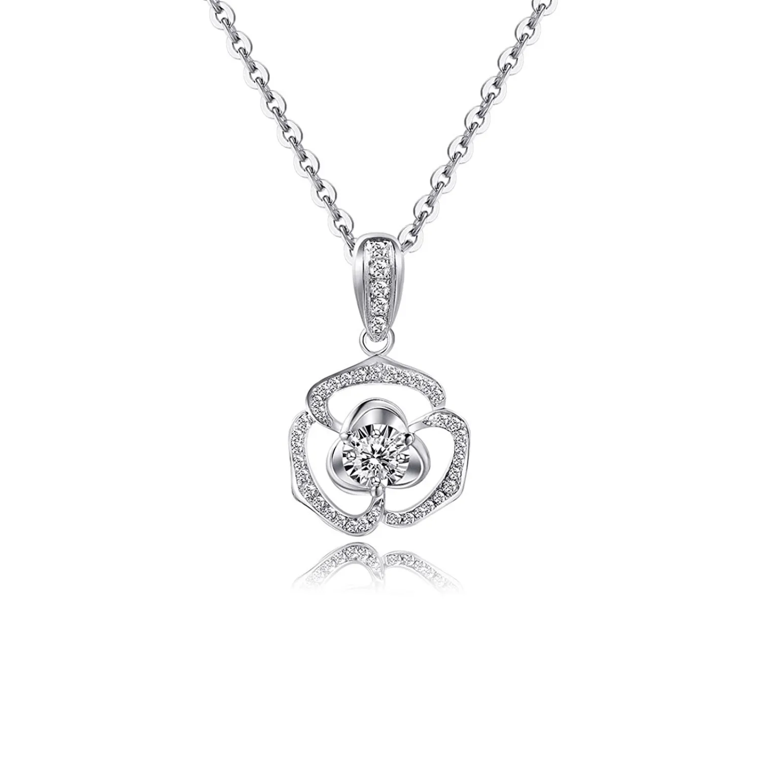 FANCIME "White Blossom" Flower Solitaire 18K White Gold Necklace