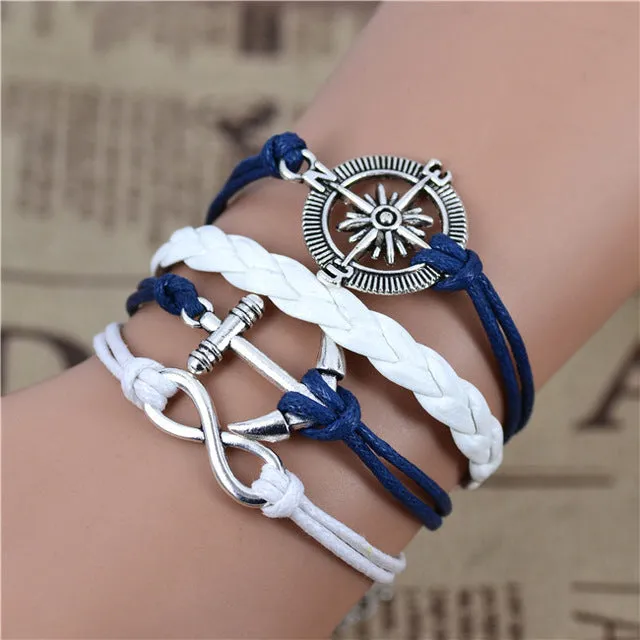 Fashion Vintage Infinity Anchor Hook Artificial Leather Bracelet Men Women Steering-Wheel Bracelets & Bangles Jewelry 2pcs/lot