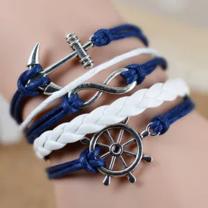 Fashion Vintage Infinity Anchor Hook Artificial Leather Bracelet Men Women Steering-Wheel Bracelets & Bangles Jewelry 2pcs/lot