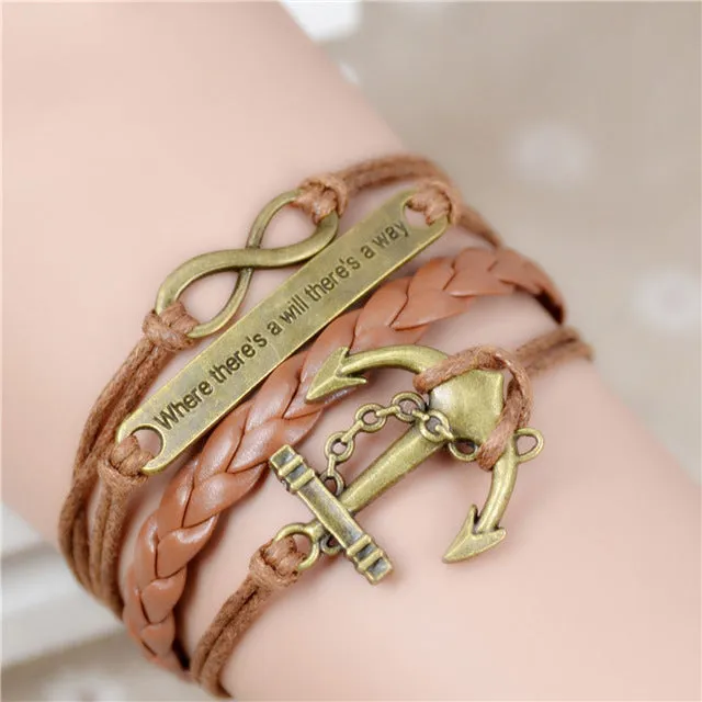 Fashion Vintage Infinity Anchor Hook Artificial Leather Bracelet Men Women Steering-Wheel Bracelets & Bangles Jewelry 2pcs/lot