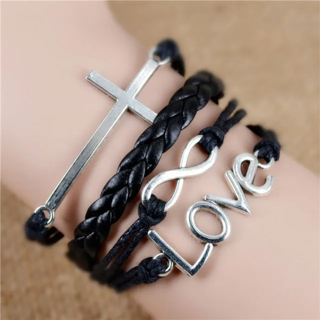 Fashion Vintage Infinity Anchor Hook Artificial Leather Bracelet Men Women Steering-Wheel Bracelets & Bangles Jewelry 2pcs/lot