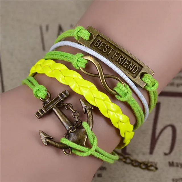 Fashion Vintage Infinity Anchor Hook Artificial Leather Bracelet Men Women Steering-Wheel Bracelets & Bangles Jewelry 2pcs/lot