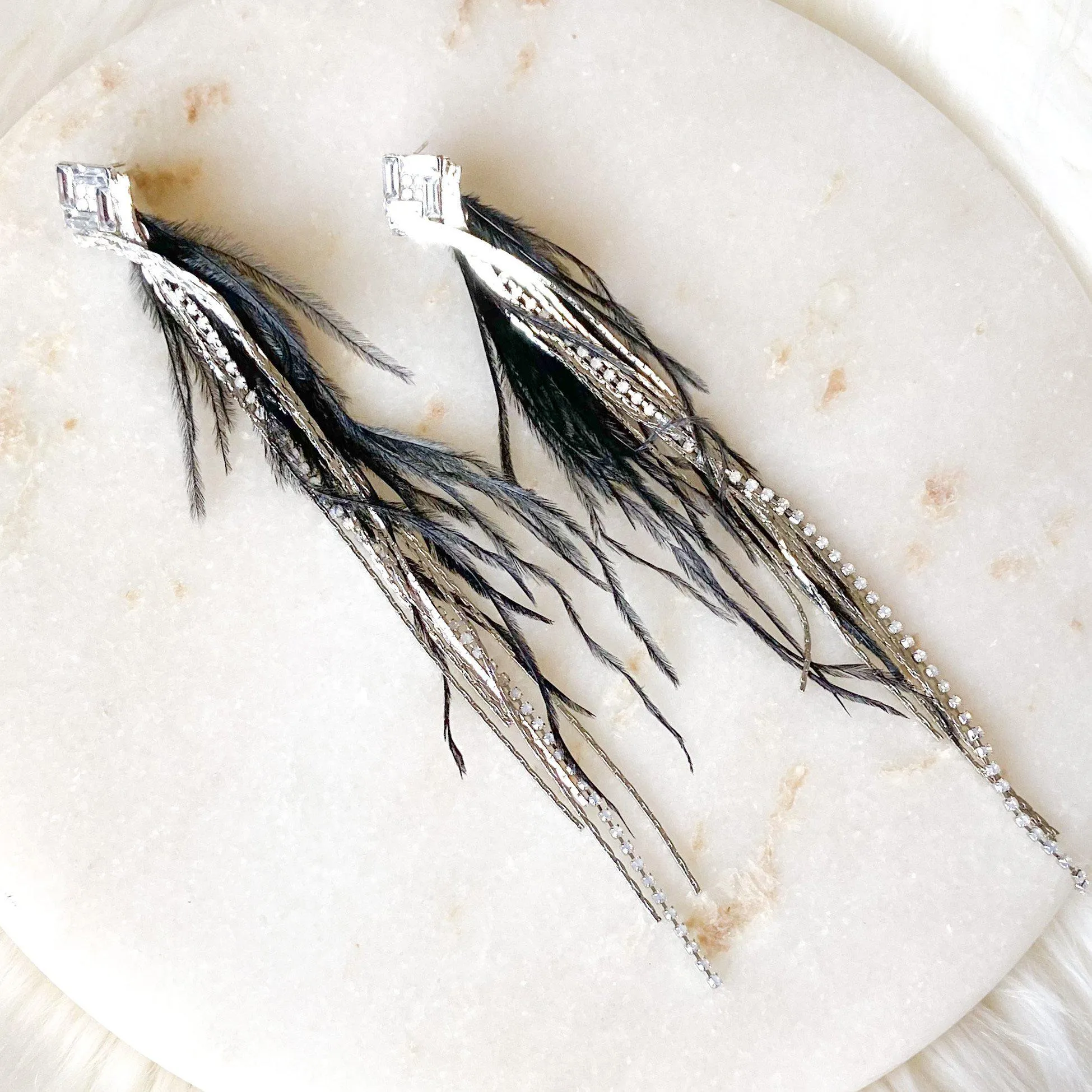 Feather & Rhinestone Duster Earrings - 2 Colors!