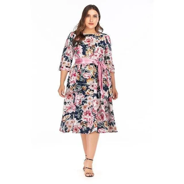 Floral Print Half-Sleeve Tie-Waist Dress