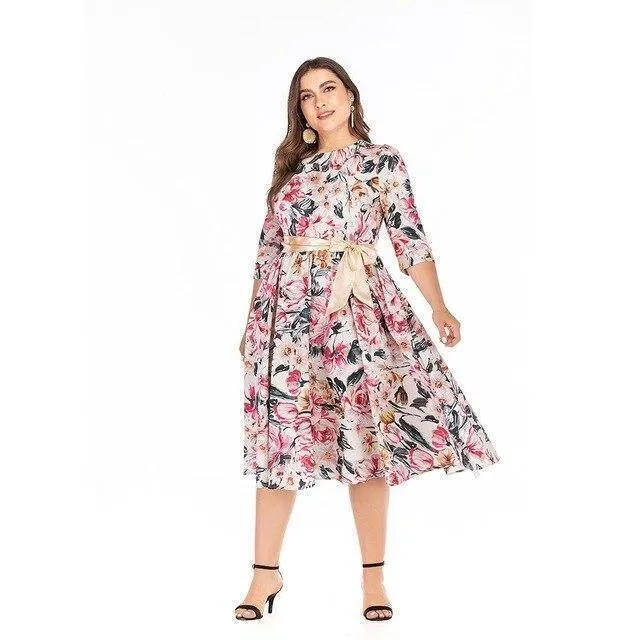 Floral Print Half-Sleeve Tie-Waist Dress