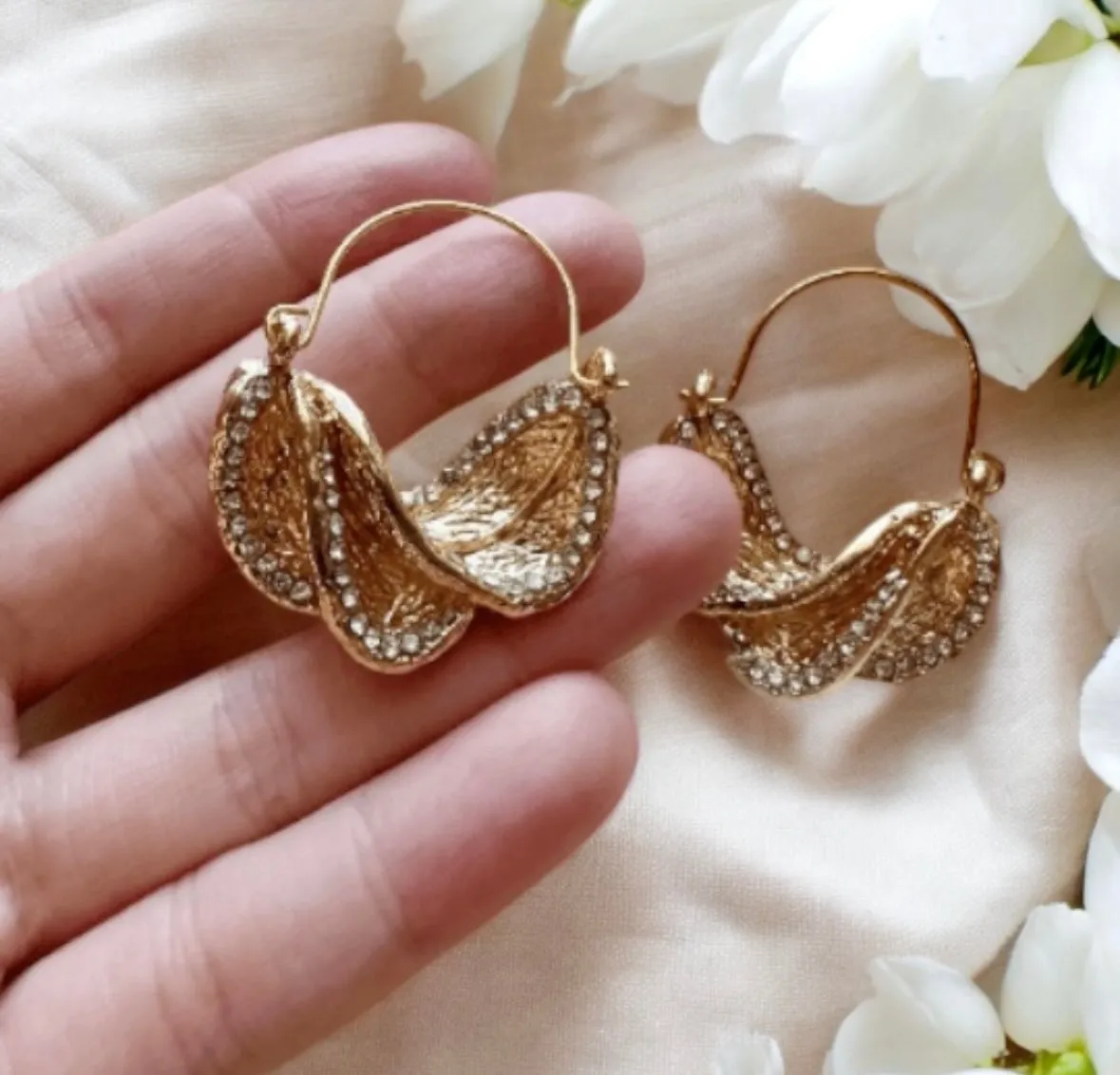 Geometric - Rhinestone irregular shaped earrings| metal geometric earrings | gold art abstract statement stud earrings | open hoop O twisted earrings