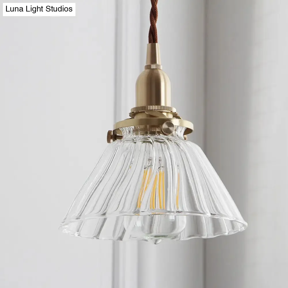 Glass Brass Pendant Lamp - Rustic Cone Design with Clear Sleek/Ribbed Finish - 1 Light Down Lighting for Dining Room