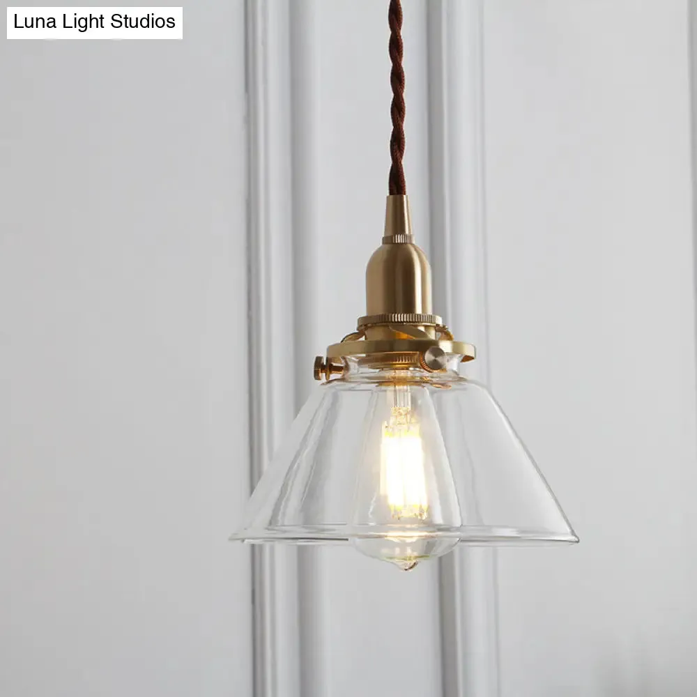 Glass Brass Pendant Lamp - Rustic Cone Design with Clear Sleek/Ribbed Finish - 1 Light Down Lighting for Dining Room