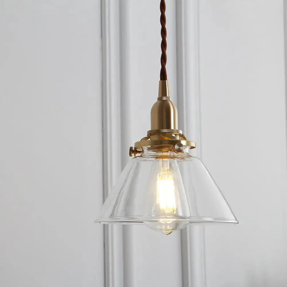 Glass Brass Pendant Lamp - Rustic Cone Design with Clear Sleek/Ribbed Finish - 1 Light Down Lighting for Dining Room