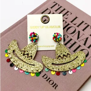 Glitter Sombrero Dangle Earrings with Multi Beads in Gold Tone