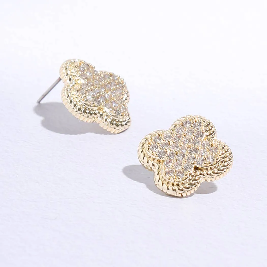 Gold Plated CZ Clover Two-Tone Post Earrings