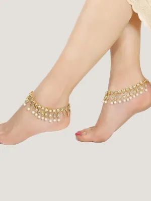 Gold-Plated Kundan & Pearls Studded Anklets