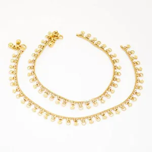 Gold Tone Plated Dainty Womens Indian Payal Bells Anklet Set For Everyday Party Beach Wear - Duel On Jewel