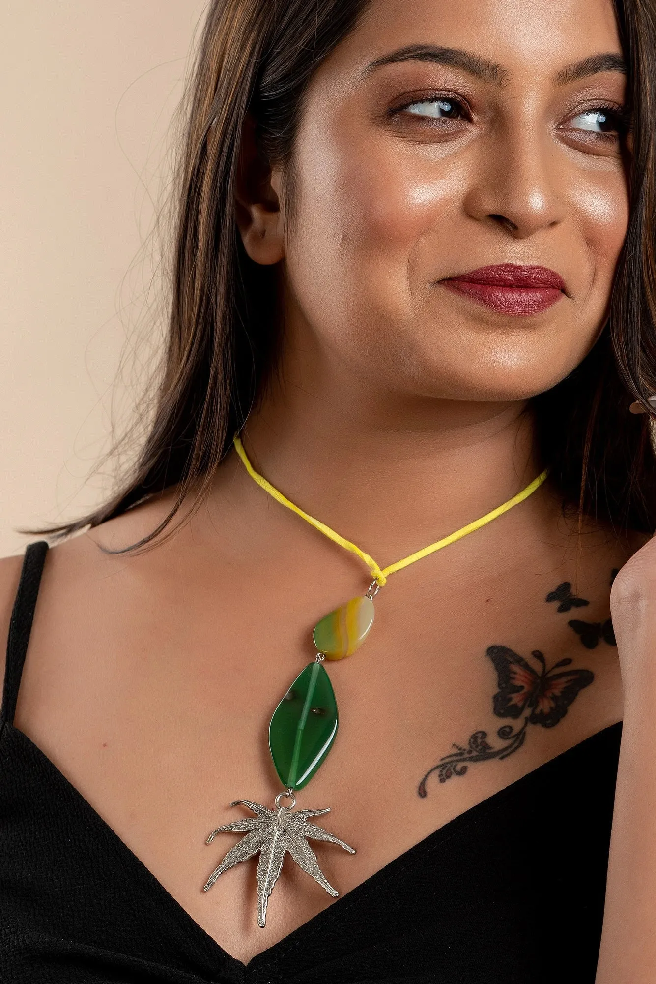 Handcrafted Green Yellow Agate Onyx Pendant with German Silver Maple Leaf on Adjustable Suede Cord