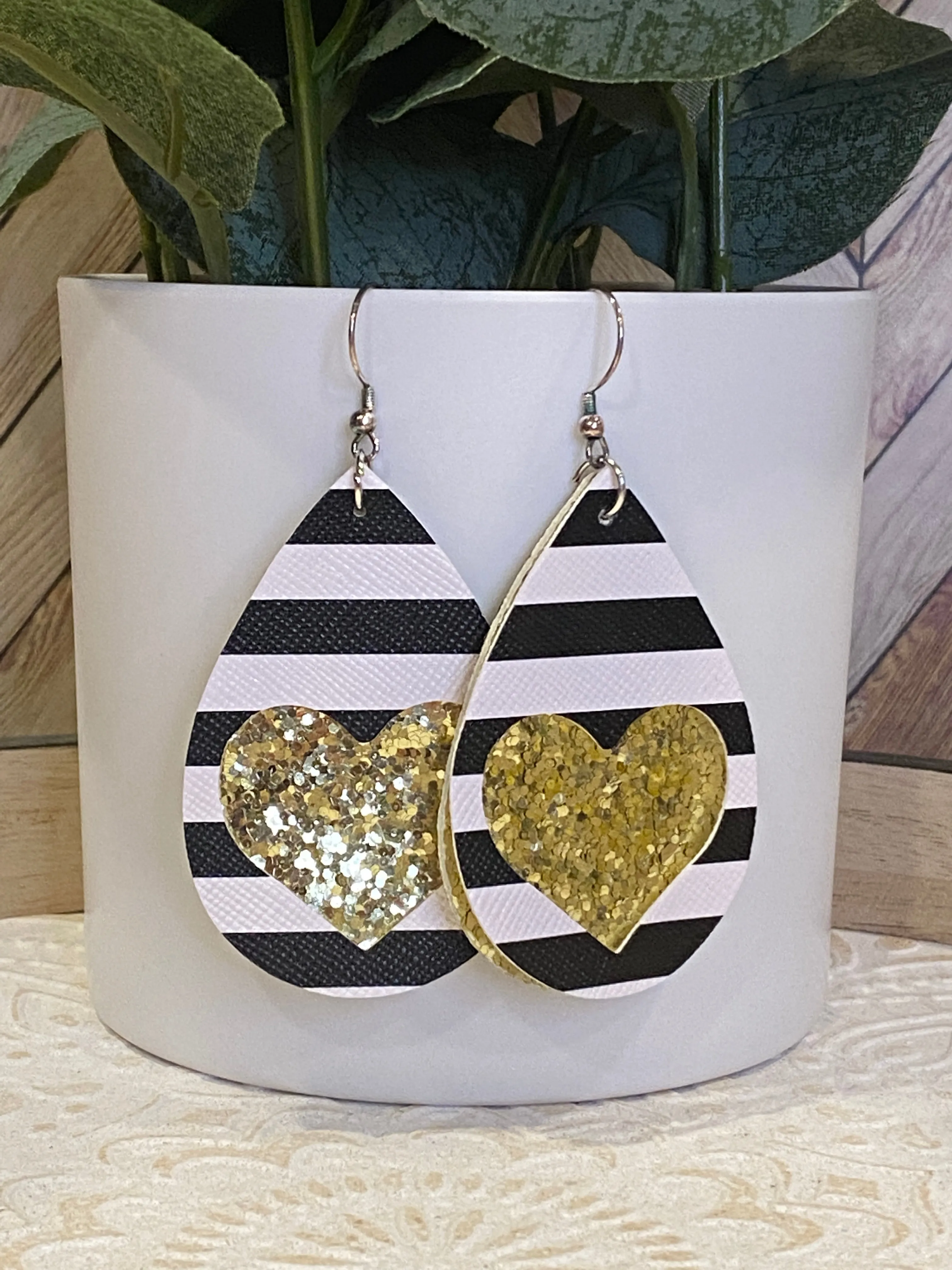 Hearts & Stripes Double Stacked Teardrop Faux Leather Earrings