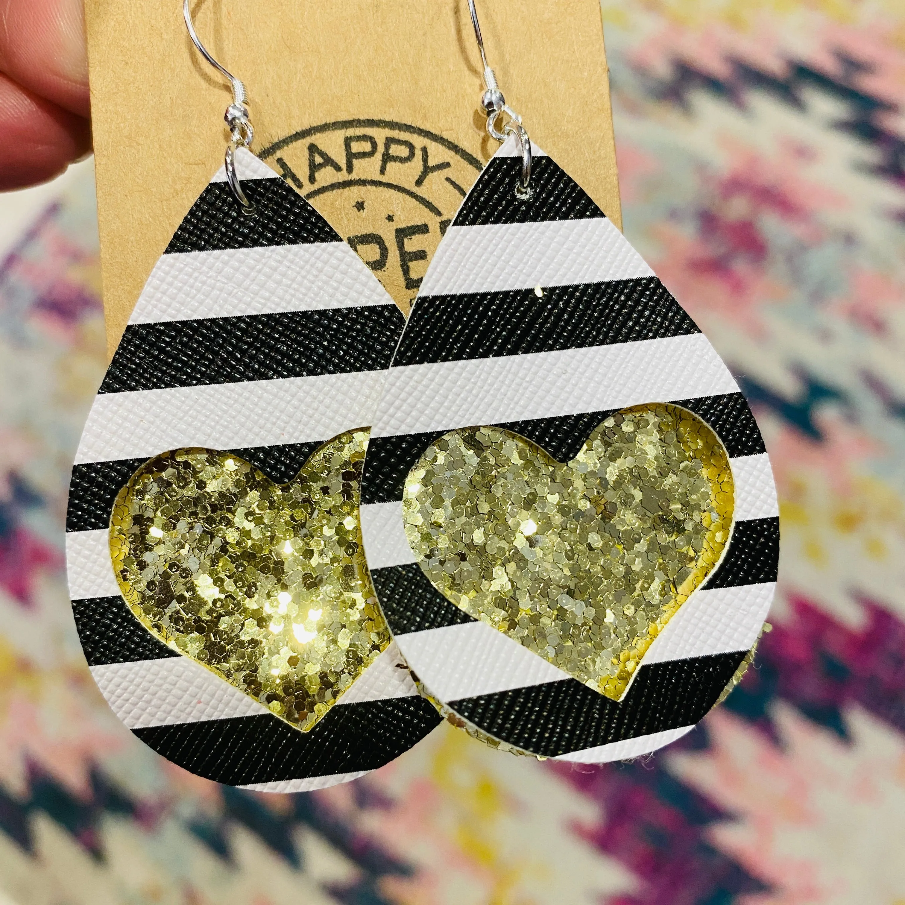 Hearts & Stripes Double Stacked Teardrop Faux Leather Earrings