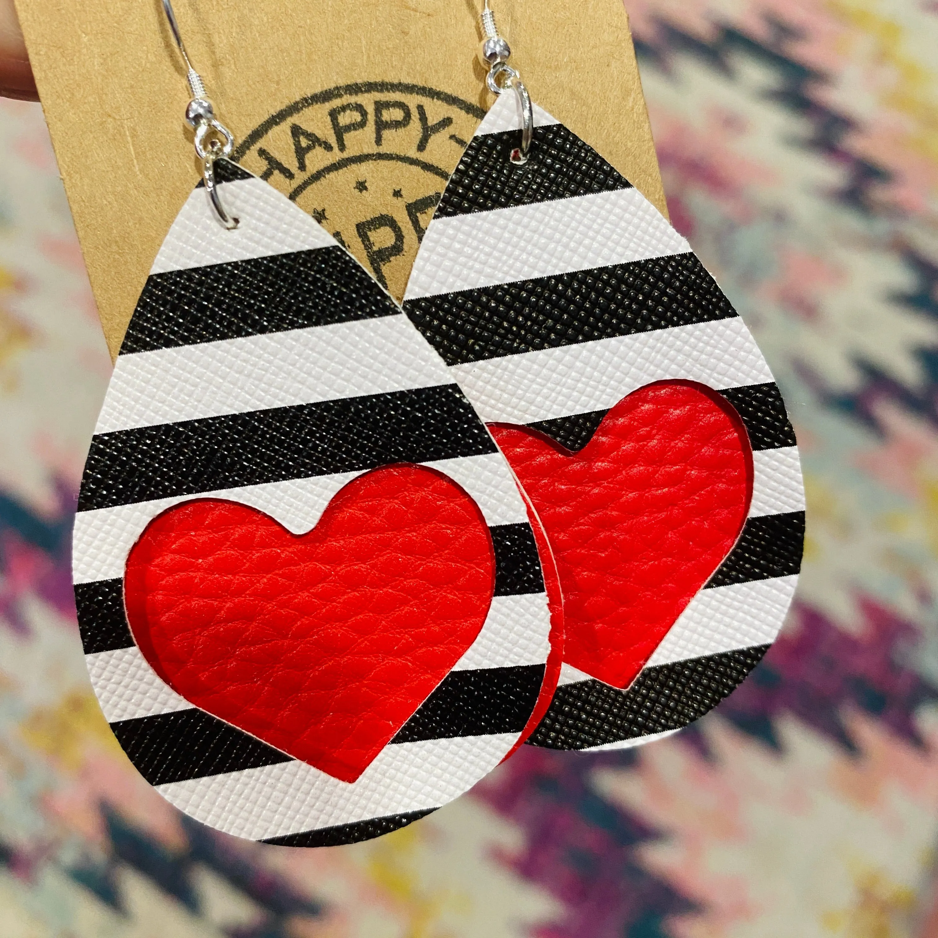 Hearts & Stripes Double Stacked Teardrop Faux Leather Earrings