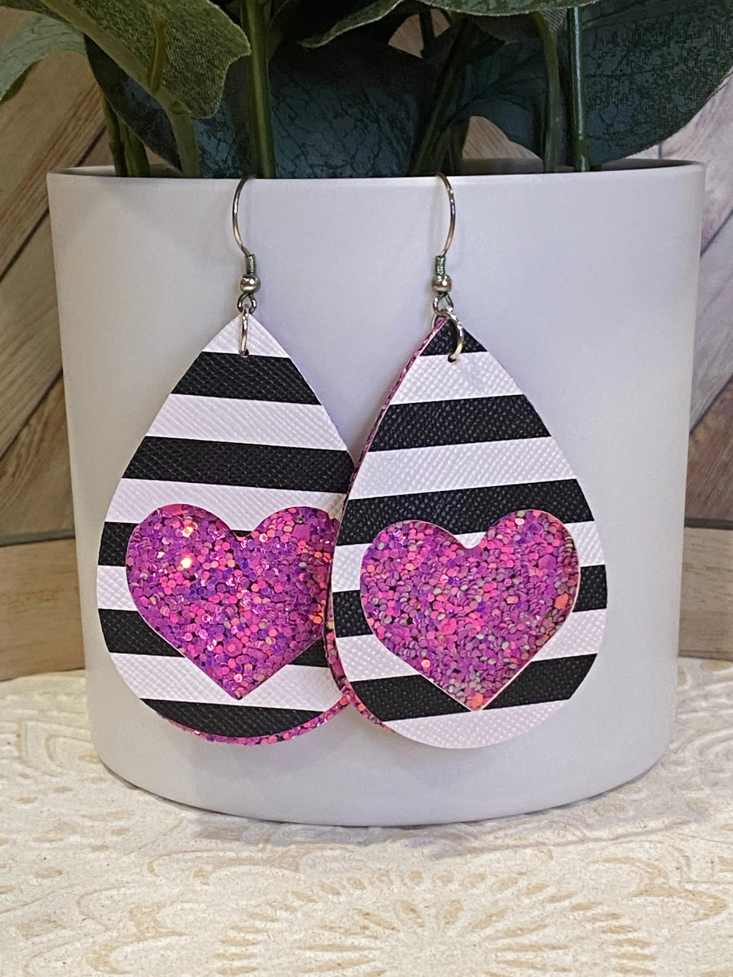 Hearts & Stripes Double Stacked Teardrop Faux Leather Earrings